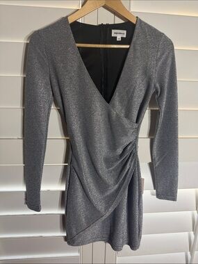 superdown Silver Sparkle Wrap-Front Long Sleeve Mini Dress